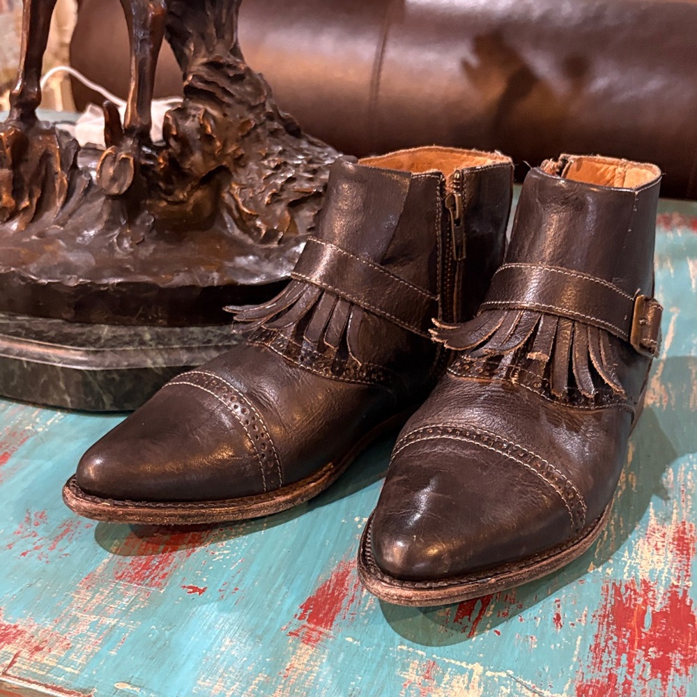 BED|STU Black Leather Fringe Ankle Boots